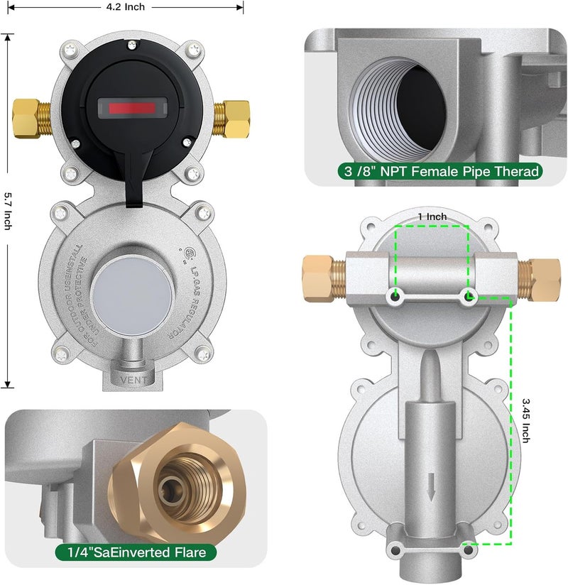 MEFUN 2 Stage Auto Changeover LP Propane Gas Regulator with 2 Pcs 18"RV Pigtail Propane Hose with Gauge and 4FT Stainless Braided Regulator Hose Assemblies Dual Propane Tank Regulator for RVs,Trailers,Campe - Image 3